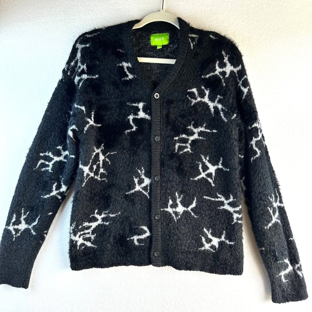 HUF Cardigan Mens Size Medium Black Cracked Fuzzy Patch Knit Streetwear